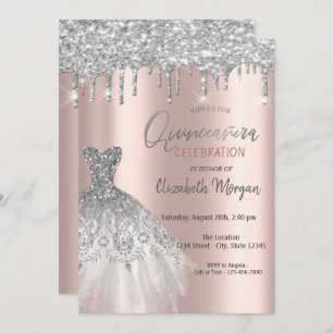Silver Glitter Drips,Dress Rose Gold Quinceañera Invitation