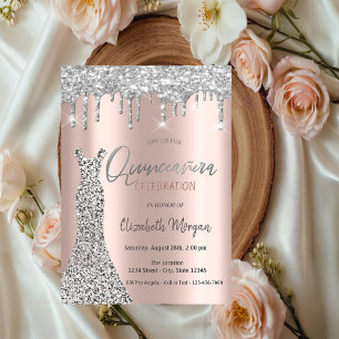 Silver Glitter Drips,Dress Rose Gold Quinceañera Invitation