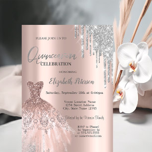 Silver Glitter Drips,Dress Rose Gold Quinceañera Invitation