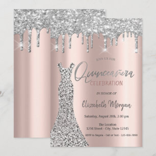 Silver Glitter Drips,Dress Rose Gold Quinceañera Invitation