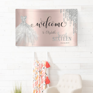 Silver Glitter Drips, Dress Rose Gold Sweet 16 Banner
