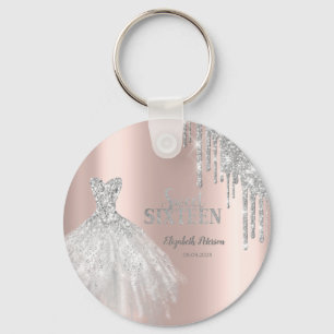 Silver Glitter Drips, Dress Rose Gold Sweet 16   Key Ring