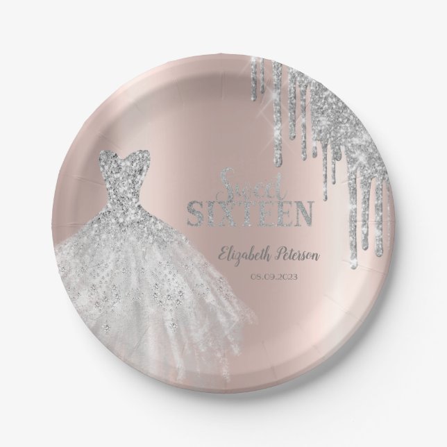 Silver Glitter Drips, Dress Rose Gold Sweet 16  Paper Plate (Front)