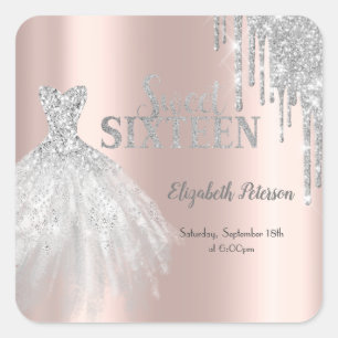 Silver Glitter Drips, Dress Rose Gold Sweet 16  Square Sticker