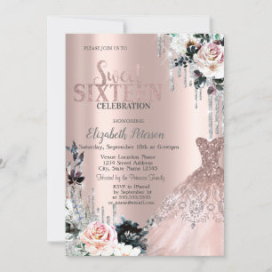 Silver Glitter Drips,Dress Roses Sweet 16 Invitation