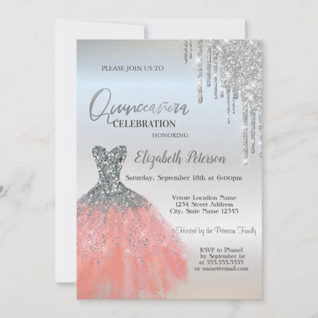 Silver Glitter Drips,Dress Silver15th Birthday Invitation (Front)