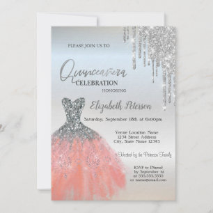 Silver Glitter Drips,Dress Silver15th Birthday Invitation