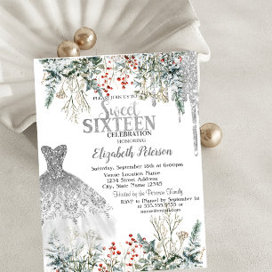 Silver Glitter Drips,Dress Winter Flowers Sweet 16 Invitation