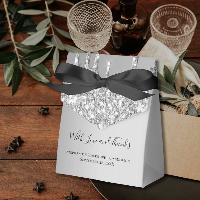 Silver Glitter Drips Dripping Glitter Wedding  Favour Box (Silver Dripping Glitter Formal Wedding Favor Boxes)