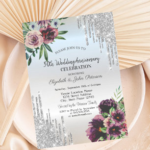 Silver Glitter Drips,Dust Roses Anniversary Invitation
