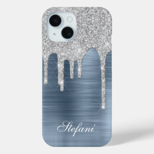 Silver Glitter Drips Dusty Blue Glam Girly iPhone 15 Case