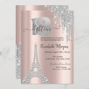 Silver Glitter Drips Eiffel Tower 18th Birthday Invitation