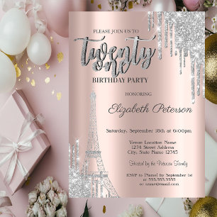 Silver Glitter Drips, Eiffel Tower 21th Birthday Invitation