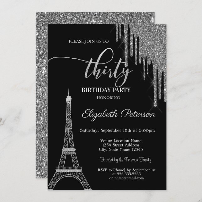 Silver Glitter Drips, Eiffel Tower 30t Birthday  Invitation (Front/Back)