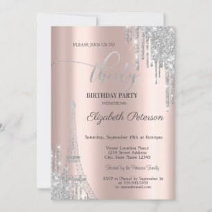 Silver Glitter Drips, Eiffel Tower 30th Birthday  Invitation