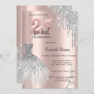 Silver Glitter Drips,Eiffel Tower Dress Sweet 25th Invitation