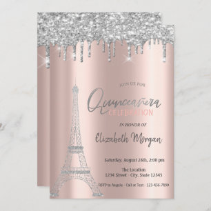 Silver Glitter Drips,Eiffel Tower Quinceanera Invitation