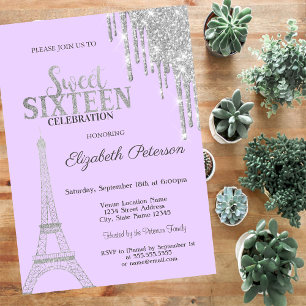 Silver Glitter Drips, Eiffel Tower Sweet 16  Invit Invitation