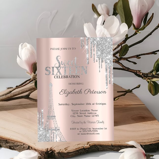 Silver Glitter Drips, Eiffel Tower Sweet 16 Invitation (Creator Uploaded)