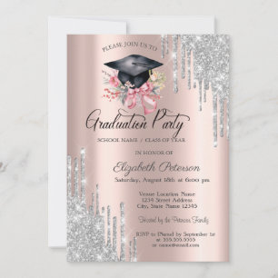 Silver Glitter Drips Floral Grad Cap Rose Gold Invitation