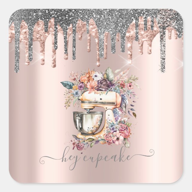  Silver Glitter Drips Floral Mixer Rose Gold   Square Sticker (Front)