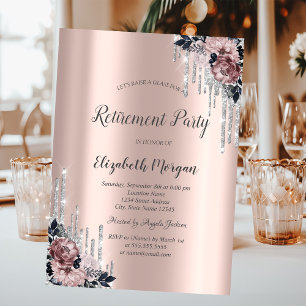 Silver Glitter Drips,Flowers Rose Gold Retirement Invitation
