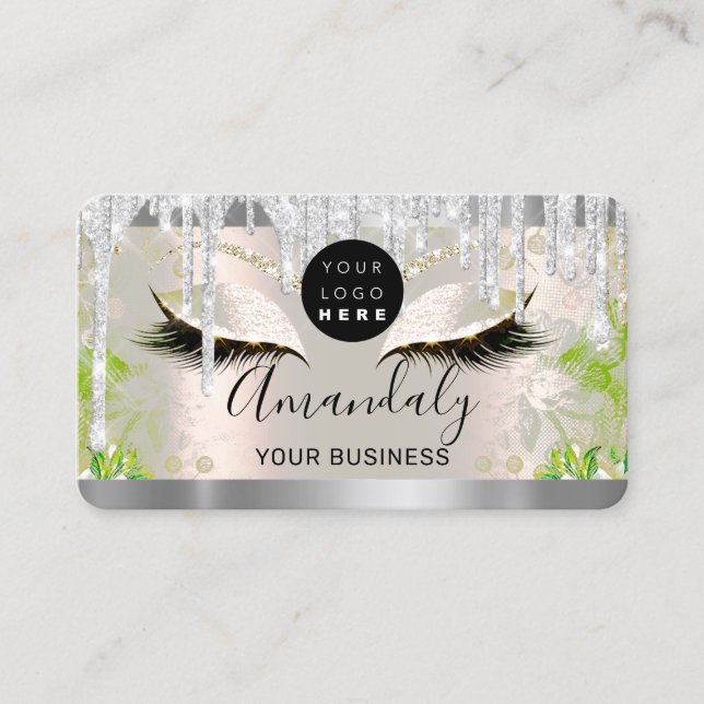 Silver Glitter Drips Frame Qr Code Logo Lashes Business Card (Front)