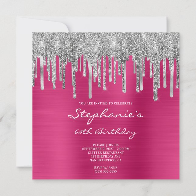 Silver Glitter Drips Fuchsia Pink 60th Birthday Invitation (Front)
