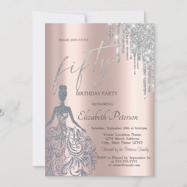  Silver Glitter Drips,Girl Dress 50th Birthday  Invitation (Front)
