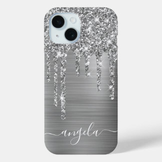 Silver Glitter Drips Girly Glam Signature iPhone 15 Case