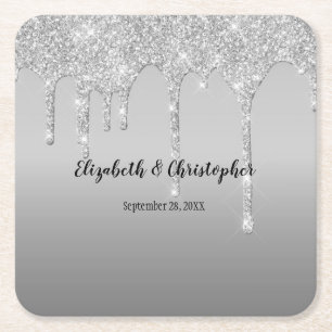 Silver Glitter Drips Glam Elegant Wedding Square Paper Coaster