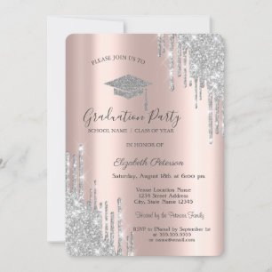 Silver Glitter Drips,Grad Cap Graduation Invitation
