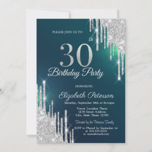 Silver Glitter Drips Green 30th Birthday Invitation