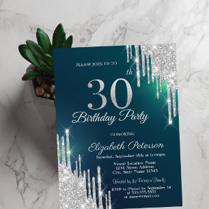 Silver Glitter Drips Green 30th Birthday Invitation