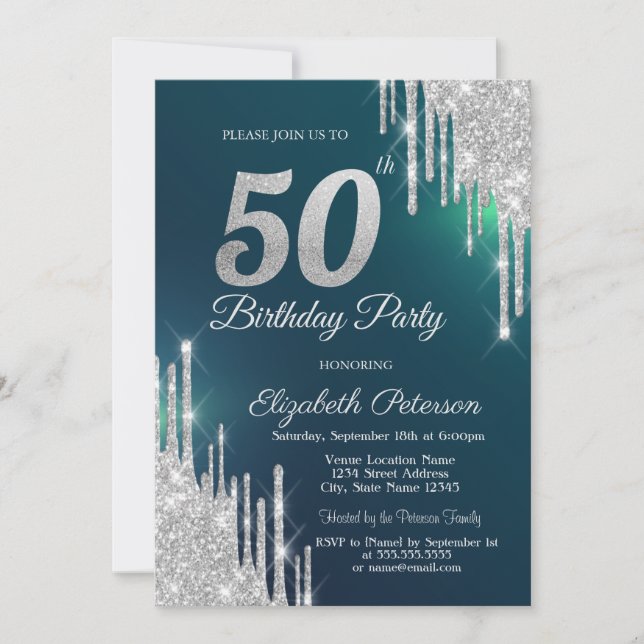 Silver Glitter Drips Green 50th Birthday Invitation (Front)