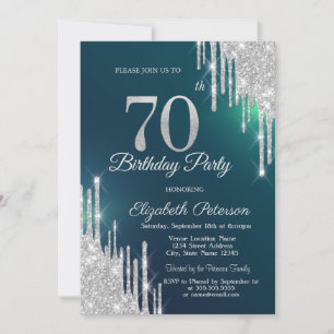 Silver Glitter Drips Green 70th Birthday Invitation