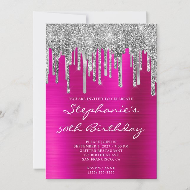 Silver Glitter Drips Hot Pink 50th Birthday Invitation (Front)