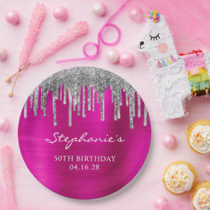 Silver Glitter Drips Hot Pink Foil 50th Birthday Paper Plate