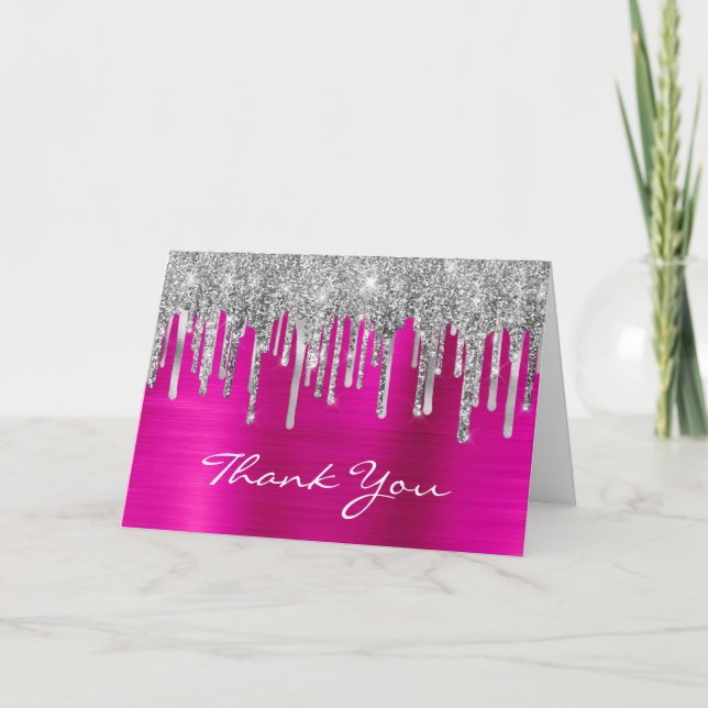 Silver Glitter Drips Hot Pink Foil 50th Birthday Thank You Card (Front)
