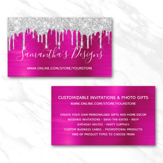 Silver Glitter Drips Hot Pink Foil Online Store Business Card