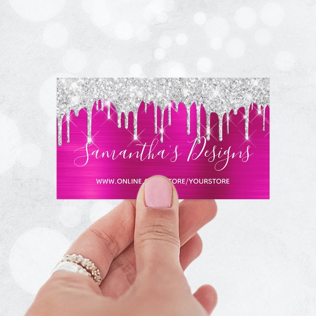 Silver Glitter Drips Hot Pink Foil Online Store Business Card (Silver Glitter Drips Hot Pink Foil Online Store Business Card)