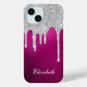 Silver Glitter Drips Hot pink Glam Girly iPhone 15 Case