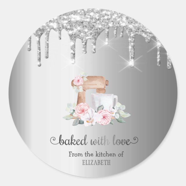 Silver Glitter Drips Kitchen Mixer Flowers Classic Round Sticker (Front)