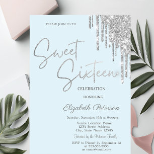 Silver Glitter Drips Light Blue Simple  Sweet 16   Invitation