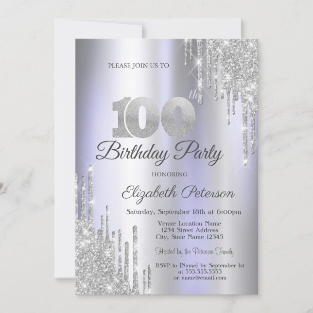 Silver Glitter Drips Light Purple 100th Birthday Invitation (Front)