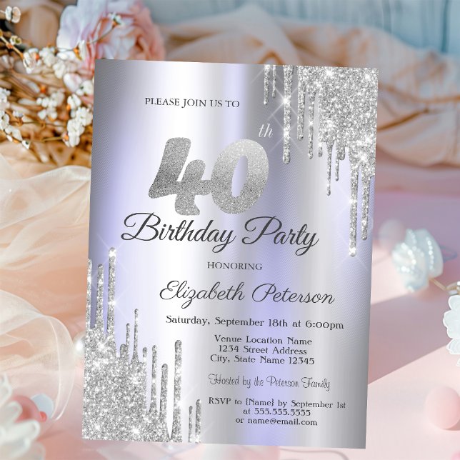  Silver Glitter Drips Light Purple 40th Birthday   Invitation (Creator Uploaded)