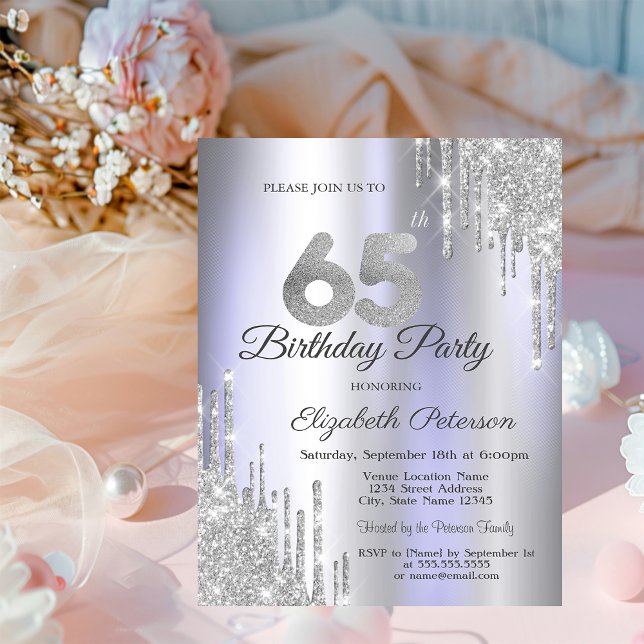  Silver Glitter Drips Light Purple 65th Birthday   Invitation (Creator Uploaded)