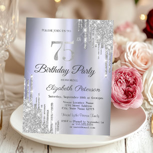  Silver Glitter Drips Light Purple 75th Birthday   Invitation