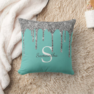 Silver Glitter Drips Light Teal Monogram Name Cushion