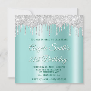 Silver Glitter Drips Light Teal Ombre Drop Shadow Invitation
